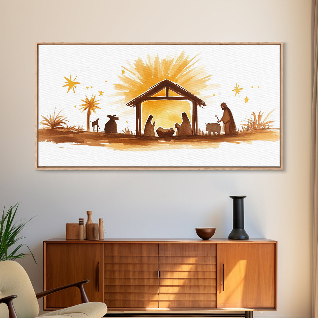 Cute Nativity Watercolor Painting Canvas Print - Framed Wall Art - Ready To Hang - Christmas Nativity Centerpiece Wall Art