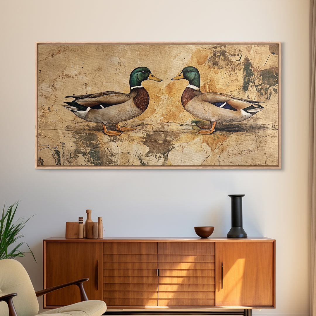 Cute Kissing Mallard Ducks - Rustic Farmhouse Wall Art - Framed Canvas Print - Gift For Hunter or Outdoorsman - Cabin Art - Cabin Decor
