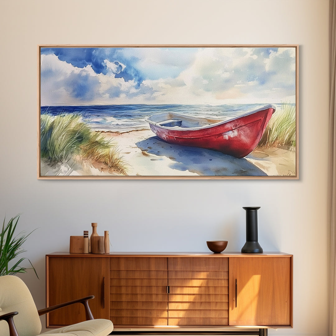 Coastal Decor - Painting of a Canoe On The beach Framed Canvas Print - Maine Painting - Maine Wall Art - Coastal Home Decor - Beach Art