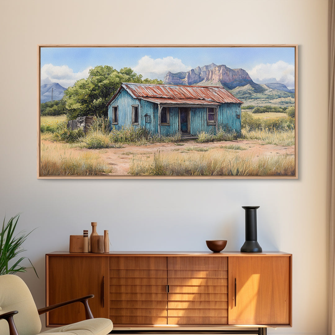 Abandoned Cabin In The Nevada Desert - Framed Canvas Print - Kitsch Wall Art - Desert Landscape Painting - Barn Oil Painting - Desert Art
