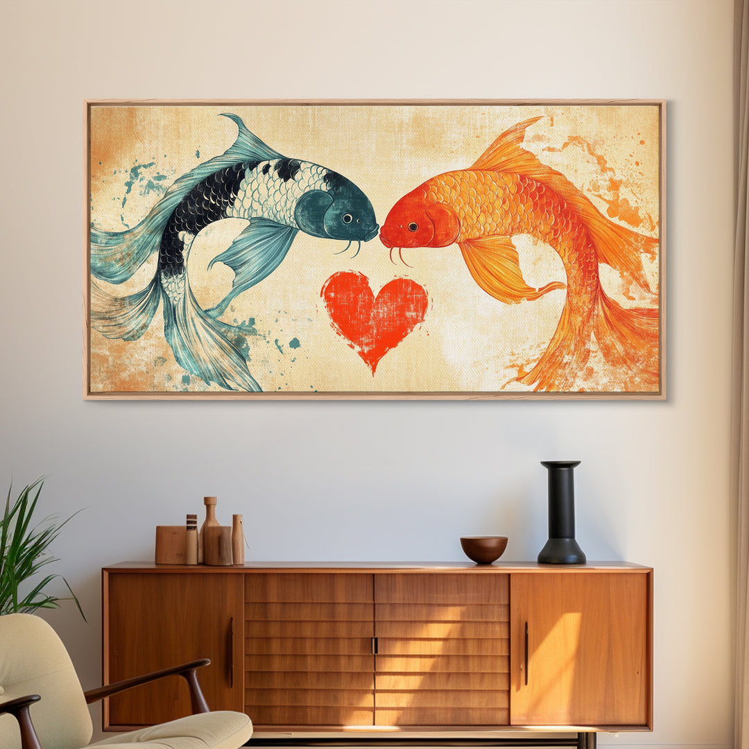 Cute Koi Fish Kissing - Couple Gift Idea - Framed Canvas Print - Valentine's Day Wall Art - Wall Art For Couples - Engagement Gift Idea