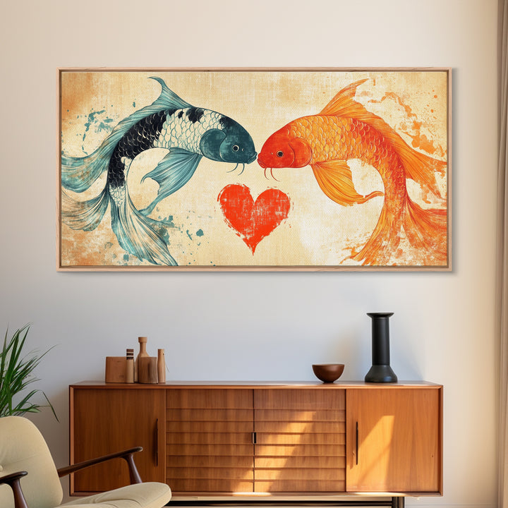 Cute Koi Fish Kissing - Couple Gift Idea - Framed Canvas Print - Valentine's Day Wall Art - Wall Art For Couples - Engagement Gift Idea