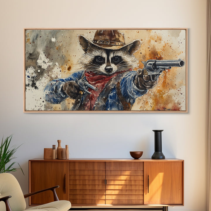 Rootin' Tootin' Cowboy Shootin' Wildwest Cowboy Raccoon Canvas Print - Racoon Painting - Cowboy Raccoon
