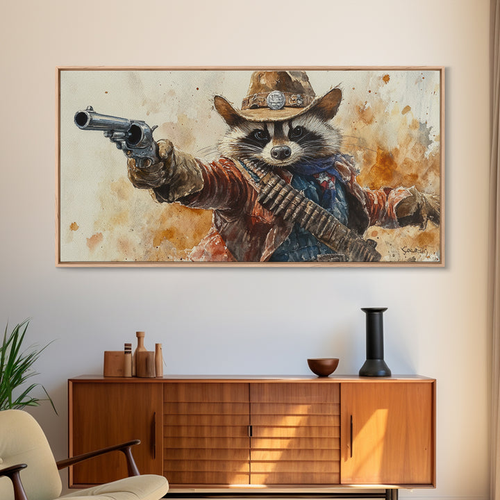 Rootin' Tootin' Cowboy Shootin' Wildwest Cowboy Raccoon Canvas Print - Racoon Painting - Cowboy Raccoon - Wild West Art