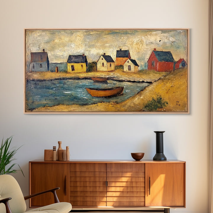 Nautical Landscape Canvas Print, 19th Century Folk Art Seascape Painting, Nautical Decor, Retro Minimalist Seaside Village Oil Painting