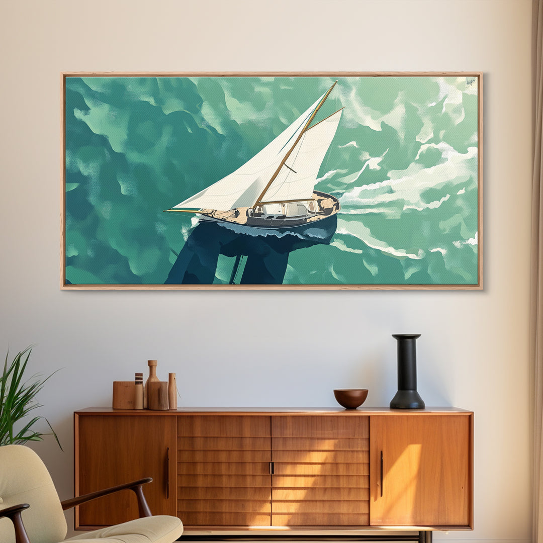 Bird's Eye View of a Sailboat Nautical Painting Print, Framed Canvas Art, Statement Piece, Nautical Centerpiece Wall Art