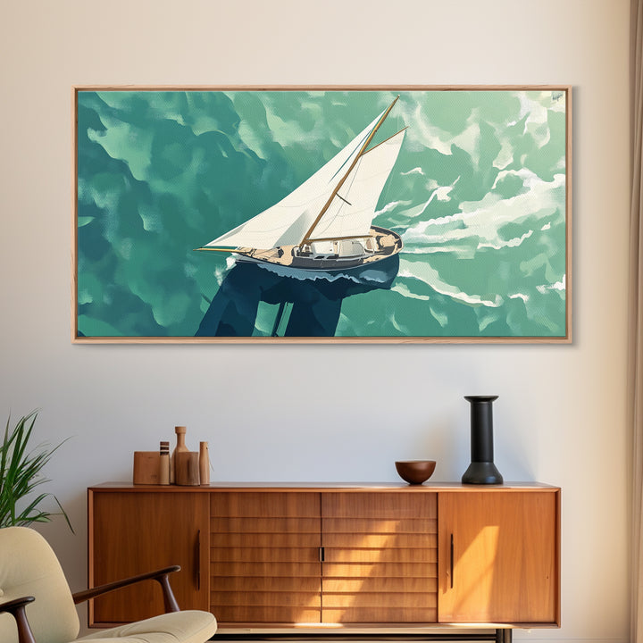 Bird's Eye View of a Sailboat Nautical Painting Print, Framed Canvas Art, Statement Piece, Nautical Centerpiece Wall Art