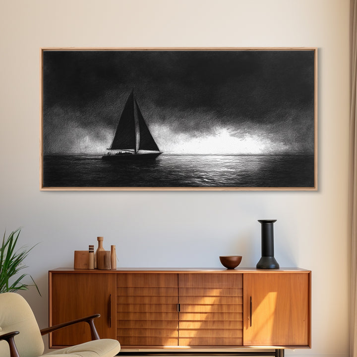 Black and White Sketch Print of a Sailboat In a Storm, Framed Canvas Print, Nautical Wall Art, Nautical Home Decor