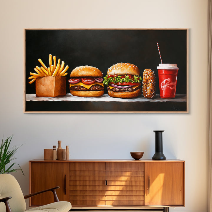Burger and Fries Framed Canvas Print, Kitchen Canvas Art, Kitchen Wall Art, Burger Painting, Burger Art, Dining Room Wall Art