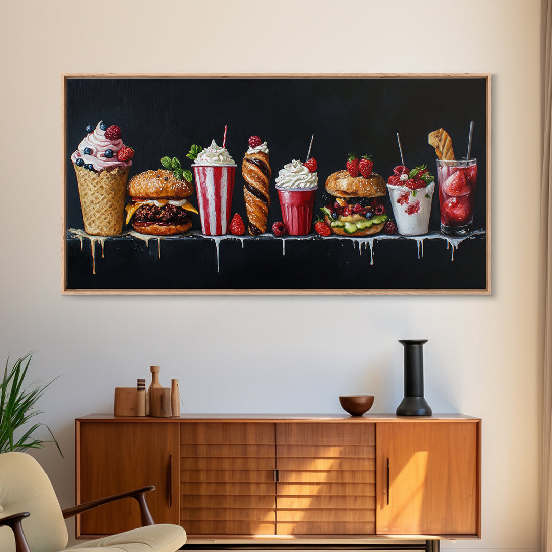 Diner Decor, Restaurant Wall Art, Canvas Print Painting Of Burgers, Desserts and Milk Shakes - 1950s Diner Wall Art