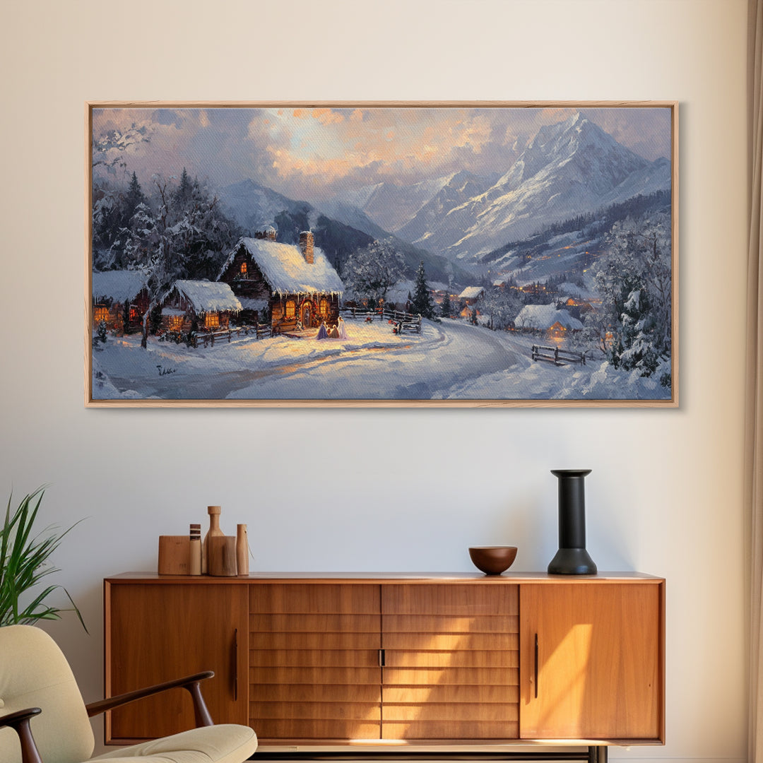 Christmas Mountain Village Oil Painting Print, Framed Canvas, Retro Christmas, Christmas Mountain Landscape Painting, Christmas Art