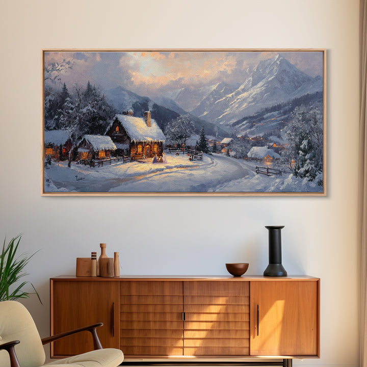 Christmas Mountain Village Oil Painting Print, Framed Canvas, Retro Christmas, Christmas Mountain Landscape Painting, Christmas Art