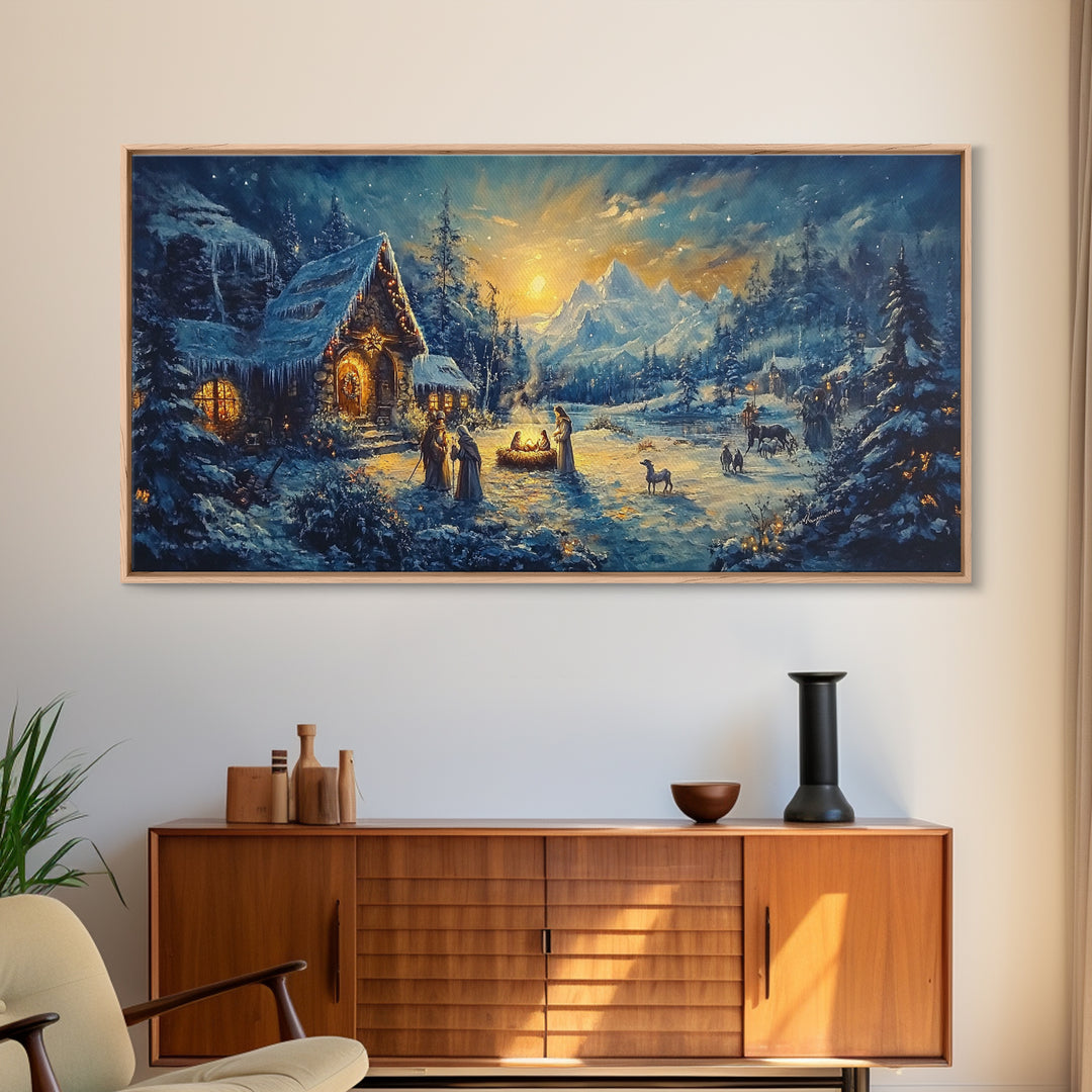 Christmas Nativity Oil Painting Print, Christmas Wall Art, Framed Christmas Canvas Art, Christmas Home Decor, Seasonal Wall Art