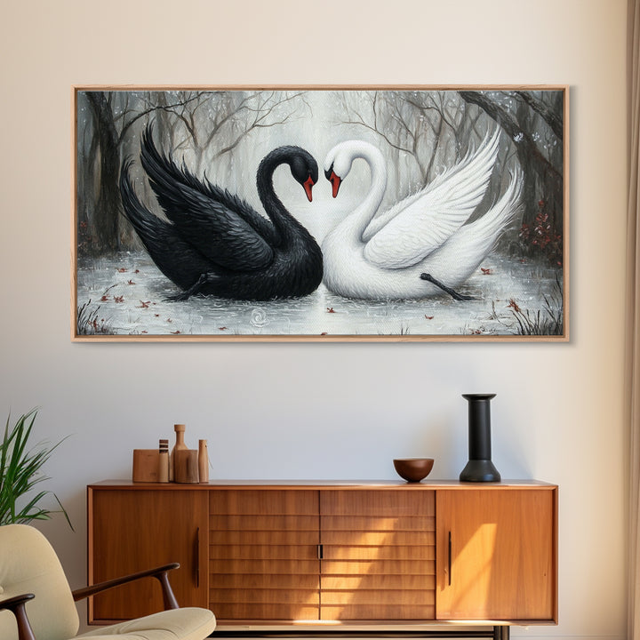 Dark Swans Forming a Heart - Framed Canvas Print - Dark Romance Wall Art - Dark Academia Art - Couple Gift Idea - Goth Art - Gothic Decor