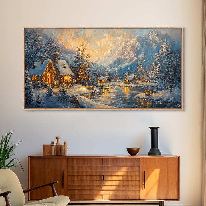 Christmas On The Lake, Christmas Canvas Print, Cabin Decor, Cabin Wall Art, Lake House Wall Art, Christmas home Decor, Christmas Village