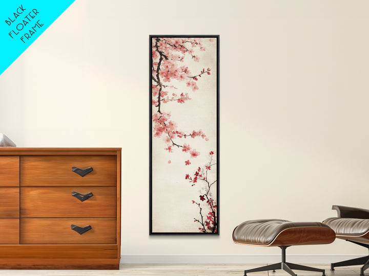 Cherry Blossom Branch Framed Canvas Print Tall Skinny Art Floral Japanese Decor, Cherry Blossom Painting, Minimalist Botanical Wall Art, Above Sofa Art