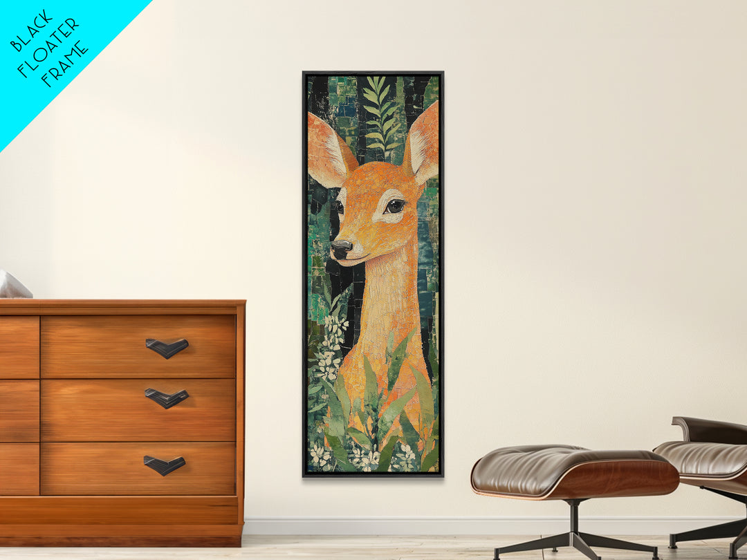 Canvas Print of Gentle Deer in Floral Forest, Boho Art, Whimsical Wall Art, Animal Decor, Tall Narrow Wall Art, Woodland Theme
