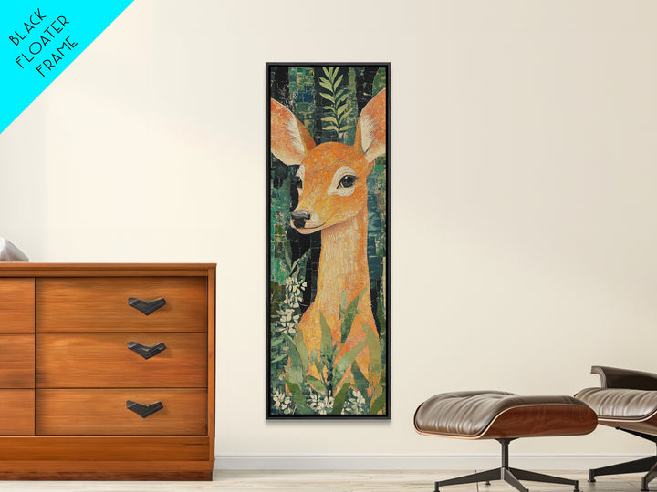 Canvas Print of Gentle Deer in Floral Forest, Boho Art, Whimsical Wall Art, Animal Decor, Tall Narrow Wall Art, Woodland Theme