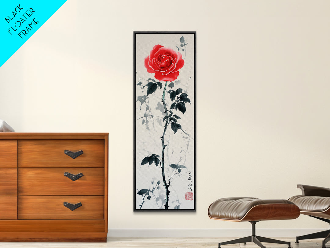 Canvas Print of Asian Style Red Rose, Art Nouveau Print, Botanical Art, Above Sofa Decor, Elegant Home Decor, Floral Wall Art