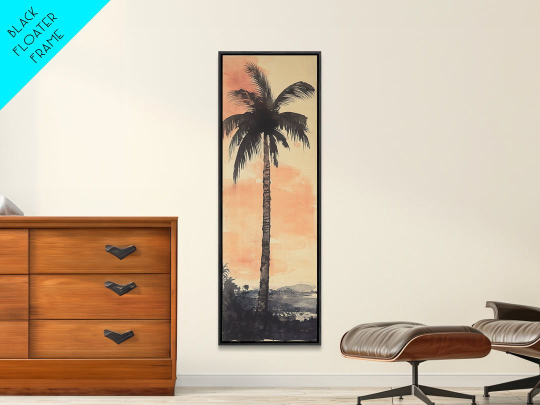 Framed Canvas Print Moody Palm Tree Painting Sunset Coastal Wall Art, Rustic Decor, Tropical Living Room Above Sofa Art, Bedroom Art Print