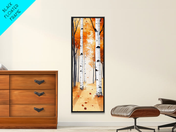 Autumn Birch Trees Framed Canvas Print – Rustic Decor, Tall Narrow Art, Cozy Fall Vibes, Birch Tree Art, Living Room Art, Above Bed Wall Art