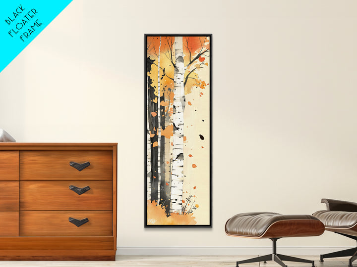 Autumn Forest Path Framed Canvas Print – Cozy Fall Art, Rustic Wall Art, Birch Tree Painting, Skinny Wall Art, Bedroom Wall Art, Autumn Decor