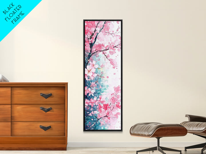 Blooming Pink Sakura Flowers Art - Framed Canvas Print for Japanese Decor, Cherry Blossom Art, Botanical Wall Decor, Pink Floral Painting
