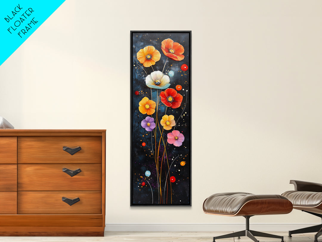 Abstract Poppy Garden Scene - Framed Canvas Print Showcasing Whimsical Florals on Dark Blue Background for Moody Decor