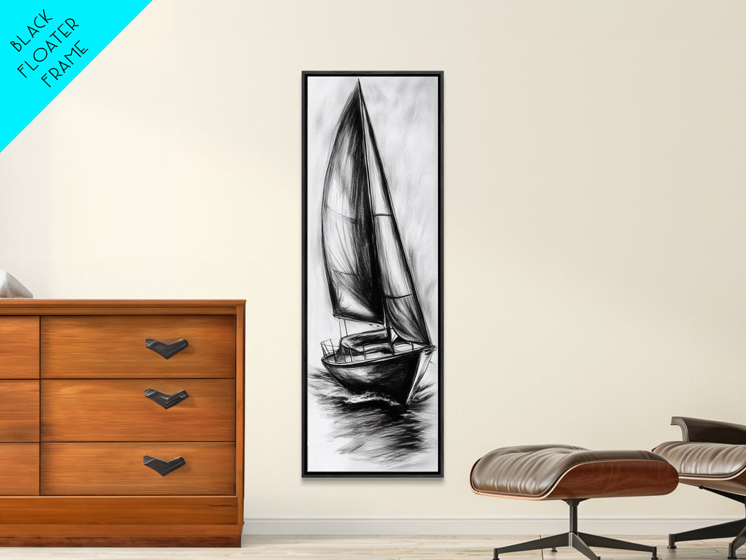 Charcoal Sketch of a Sailboat, Framed Canvas Print, Nautical Decorl Nautical Wall Art, Sailboat Painting, Sail Boat Art, Tall Skinny Wall Art