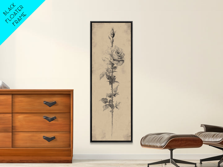 Black and White Sketch of a Rose, Framed Canvas Print, Narrow Art, Tall Skinny Art, Flower Painting, Paint of a Rose, Floral Prints