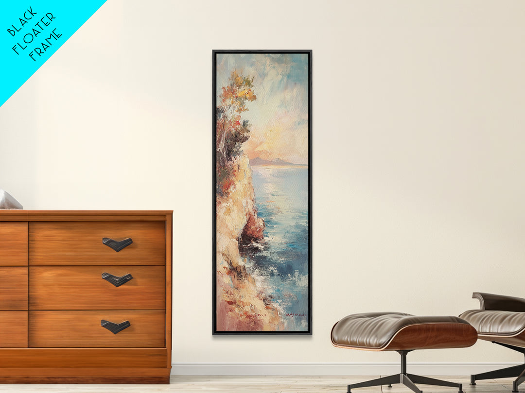 Nautical Landscape Painting Print, Framed Canvas, Beautiful Sunset Over The Coast, Coastal Decor, Tall Narrow Art, Skinny Wall Art