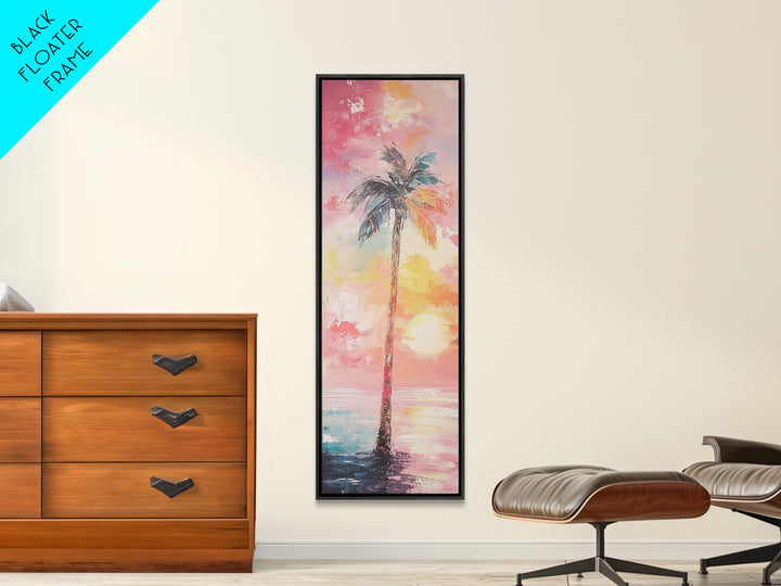 Palm Tree at Sunset Framed Canvas Print, Coastal Oil Painting, Coastal Decor, Tall Narrow Art, Accent Piece Wall Art, Coastal Landscape Art