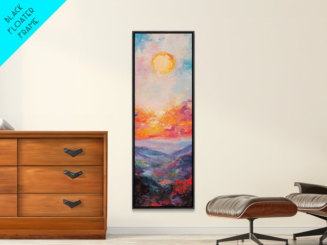 Abstract Oil Painting Print of a Sunset Over The mountains - framed canvas - ready to hang - tall narrow wall art - skinny accent piece wall art