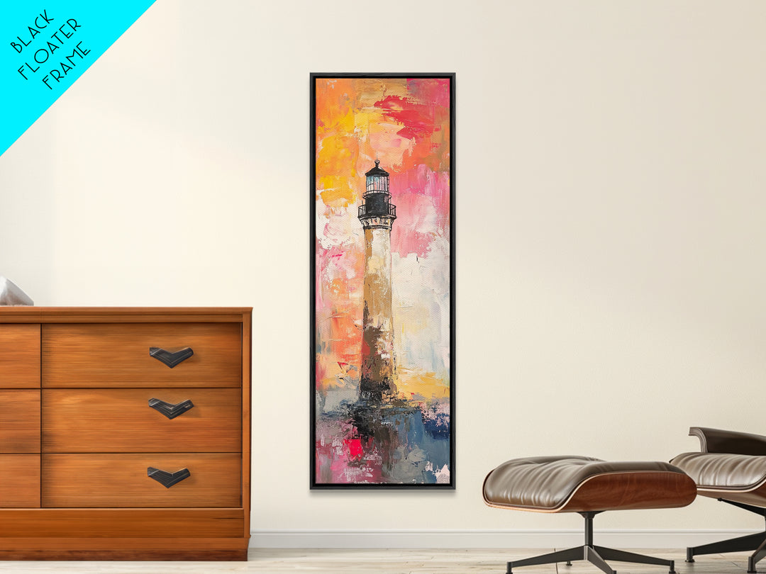 Canvas Print of Vibrant Lighthouse Painting with Nautical Decor, Coastal Wall Art, Bright Sunset, Above Couch Art, Tall Skinny Art, Seascape Painting, Gift Idea