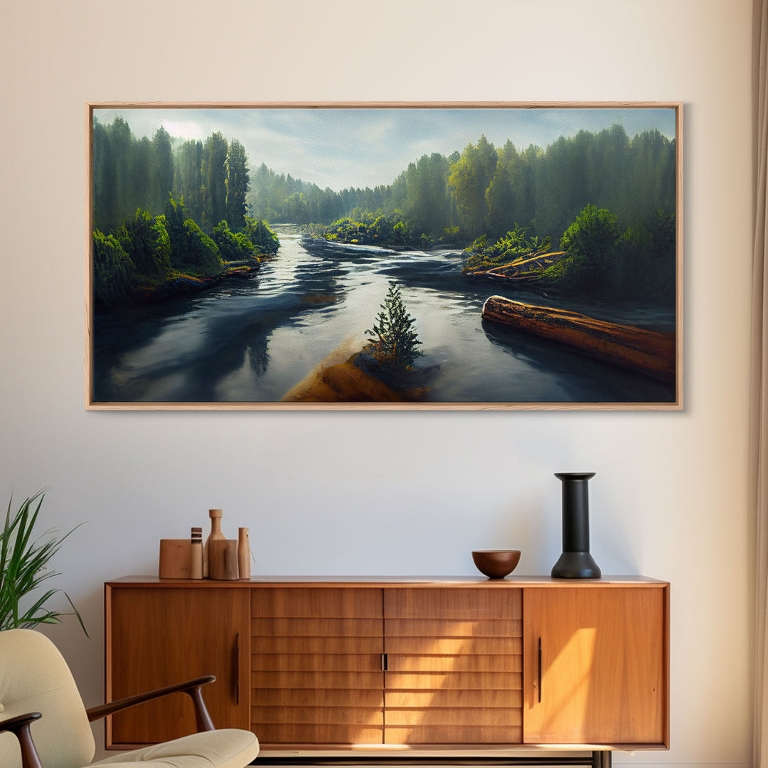 Flowing River wall decor, ready to hang canvas print wall art, blue river cabin art, lake house art