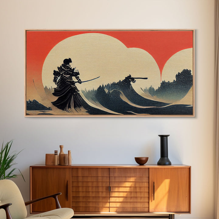 Japanese Samurai Fighting A Tidal Wave, ready to hang canvas print wall art, framed canvas wall art, mancave decor