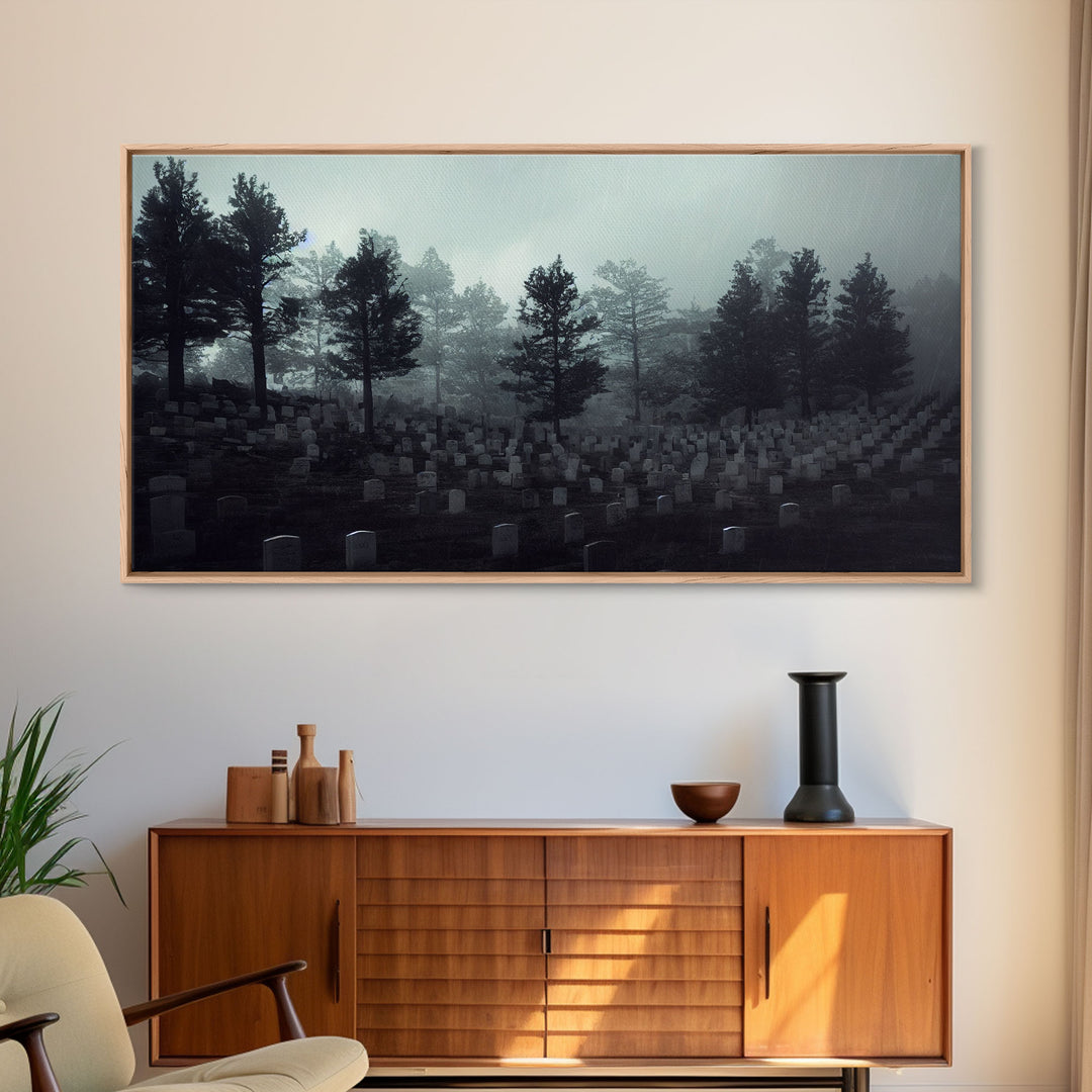 Creepy Haunted Cemetery, Spooky Halloween Art, Graveyard, ready to hang canvas print wall art, Black And White Art, Halloween Decor