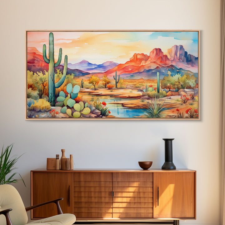 Minimalist Boho Wall Art, Pastel Desert Print, Framed Canvas Art, Unique Wall Art, Minimalist MCM Style Wall Art, Landscape Painting
