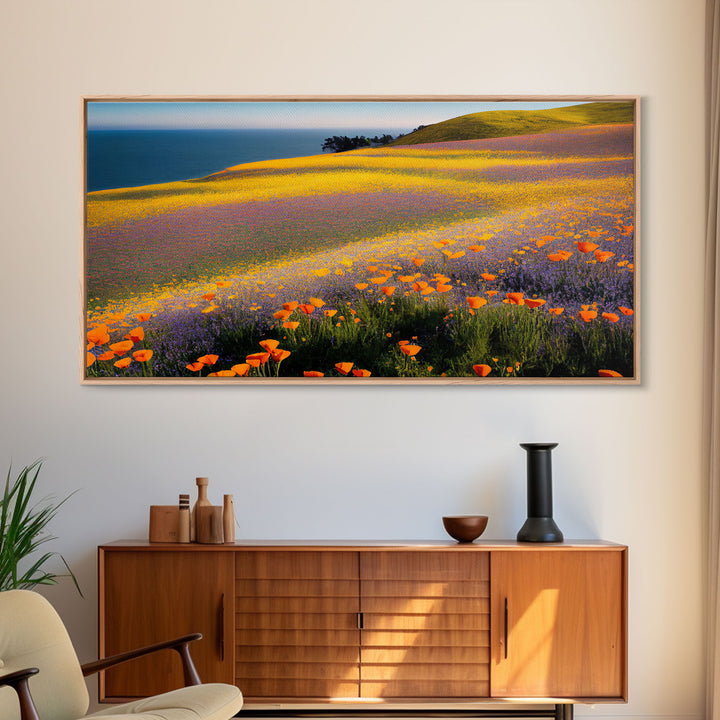 Lush Fields with Orange, Purple and Yellow Flowers, Vintage Italian Countryside, ready to hang canvas print wall art