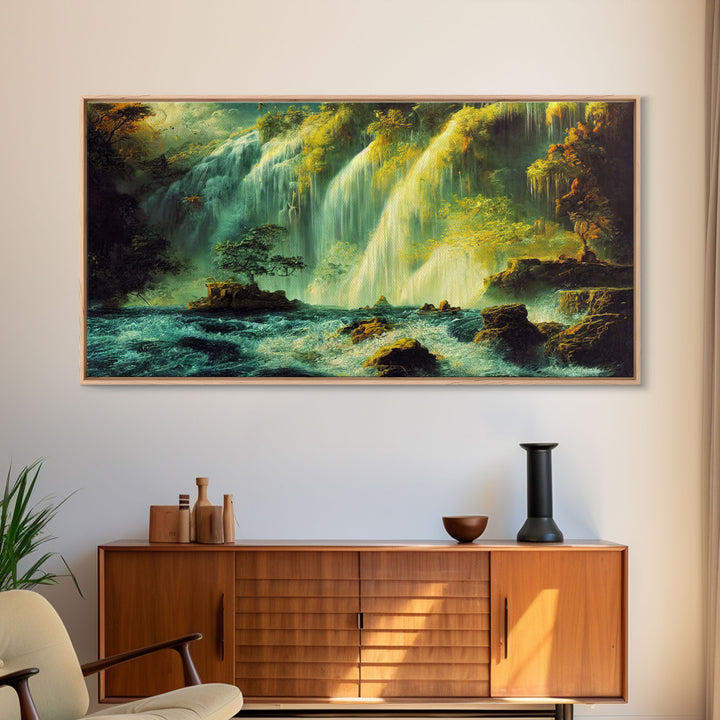 High Fantasy Wall Art, Secret Waterfall, ready to hang canvas print, framed art