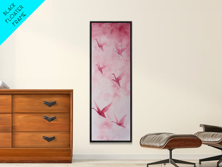Crane Flight Canvas Print, ethereal origami bird painting in pink abstract hues, tall narrow wall art with zen minimalist aesthetic.