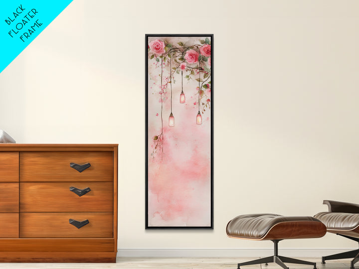 Rose Lantern Canvas Print, romantic floral and hanging lanterns painting with soft pink tones, whimsical boho wall art for bedroom decor.