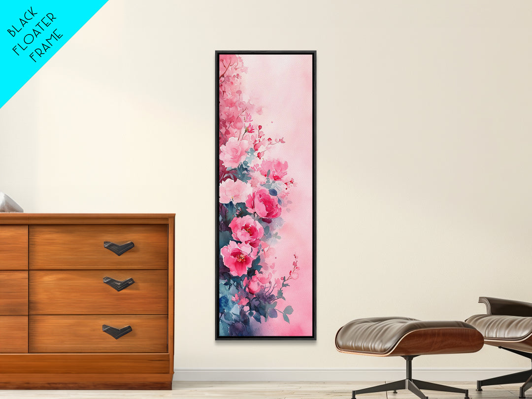 Romantic Rose Painting Framed Canvas Print with Light Pink Wall Art Featuring Cherry Blossom Details and Cozy Bedroom Decor Accents