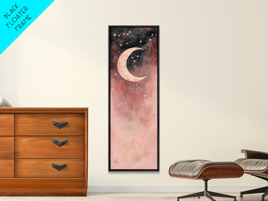 Crescent Moon Canvas Print Starry Night Pink Abstract Vertical Wall Art Zen Room Decor Dreamy Boho Gift Idea