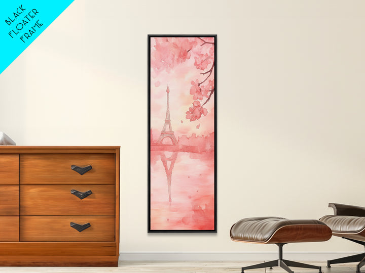 Eiffel Tower Reflection Pink Cherry Blossom Canvas Print Paris Wall Art Romantic Landscape Long Narrow Above Bed Vertical Art
