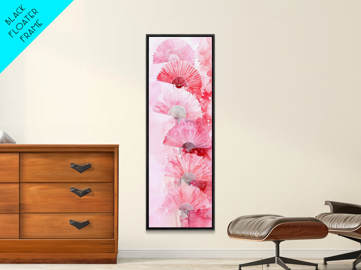 Elegant Hand Fans Framed Canvas Print Chinoiserie Wabi Sabi Wall Art Vertical Pink Decor Skinny Tall Art Light Pink Wall Art