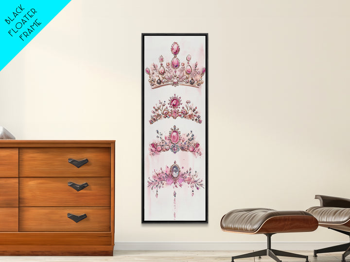 Royal Pink Tiara Framed Canvas Print Princess Gemstone Painting Feminine Wabi Sabi Art Vertical Wall Art Elegant Home Decor