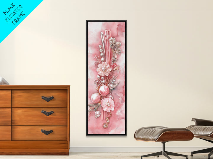 Elegant Pink Pearl Hair Accessories Framed Canvas Print with Whimsical Art Touch for Feminine and Minimalist Decor