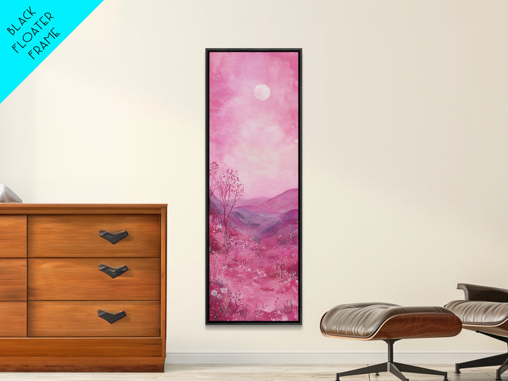 Mystical Pink Moon Framed Canvas Print with Wildflower and Mountain Painting Perfect Moody Landscape Art for Living Room