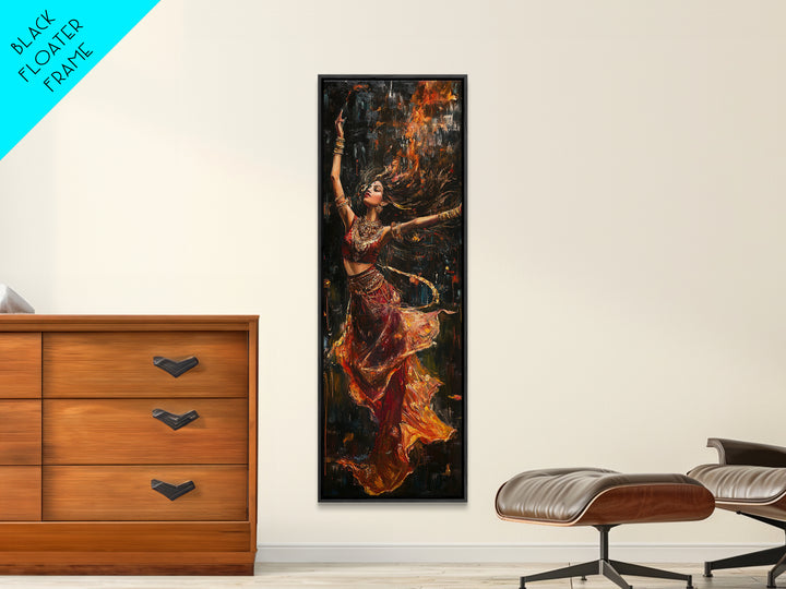 Dancing Woman Framed Canvas Print, Fiery Dark Romance Painting, Original Vertical Art for Bold Bedroom or Statement Living Room Decor